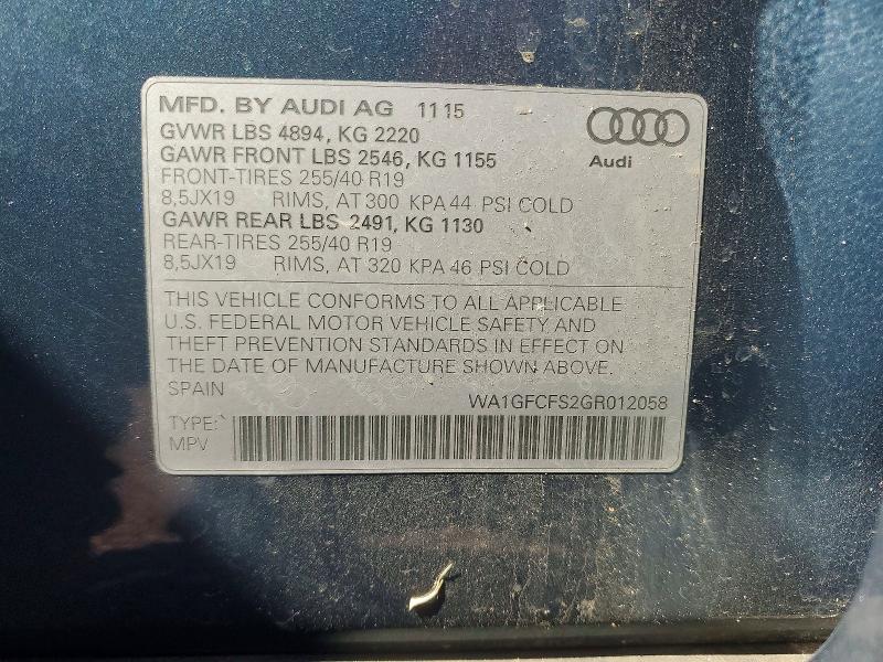 2016 Audi Q3 მანქანა იყიდება აუქციონზე, vin: WA1GFCFS2GR012058, აუქციონის ნომერი: 57572096