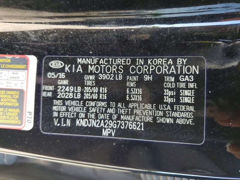 58080496 :رقم المزاد ، KNDJN2A29G7376621 vin ، 2016 Kia Soul مزاد بيع