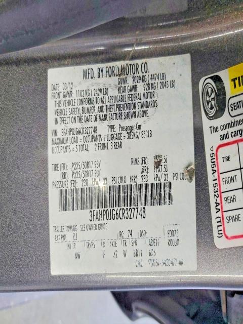 Продажа на аукционе авто 2012 Ford Fusion, vin: 3FAHP0JG6CR327748, номер лота: 58926536