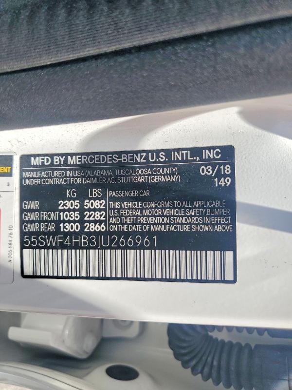 2018 Mercedes-benz C მანქანა იყიდება აუქციონზე, vin: 55SWF4HB3JU266961, აუქციონის ნომერი: 56706426