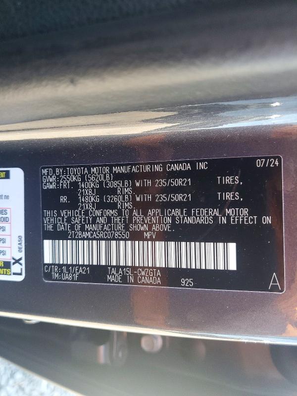 2024 Lexus Rx 350 მანქანა იყიდება აუქციონზე, vin: 2T2BAMCA5RC078550, აუქციონის ნომერი: 55336476