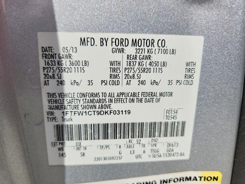Продажа на аукционе авто 2013 Ford F150, vin: 1FTFW1CT9DKF03119, номер лота: 55549346
