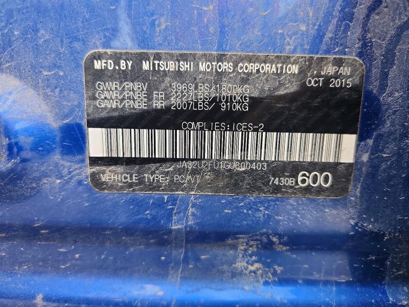 58549386 :رقم المزاد ، JA32U2FU1GU600403 vin ، 2016 Mitsubishi Lancer مزاد بيع