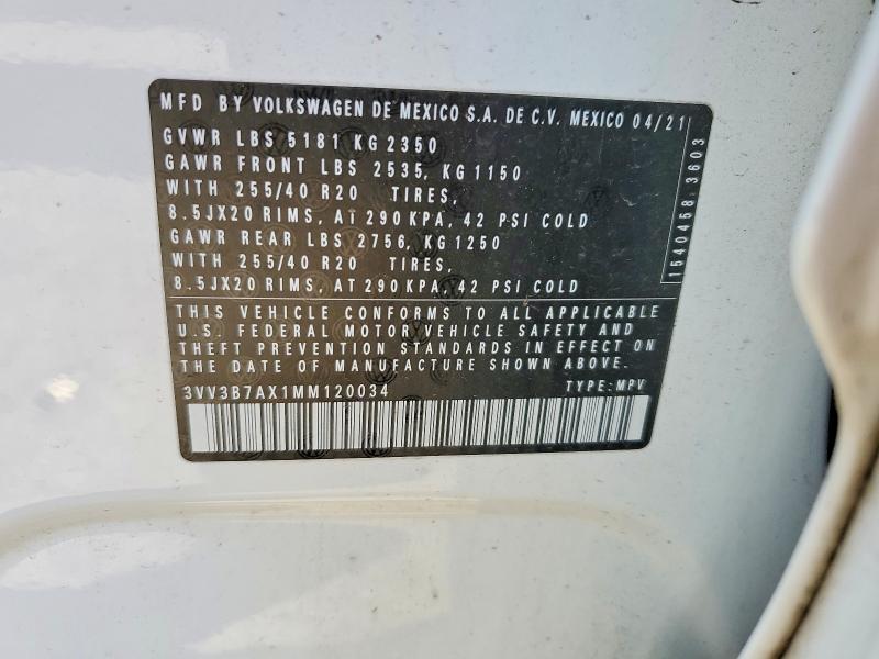 2021 Volkswagen Tiguan მანქანა იყიდება აუქციონზე, vin: 3VV3B7AX1MM120034, აუქციონის ნომერი: 56137636