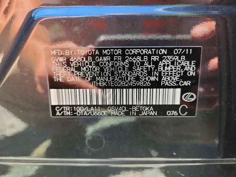 57300116 :رقم المزاد ، JTHBK1EG2B2459826 vin ، 2011 Lexus Es مزاد بيع