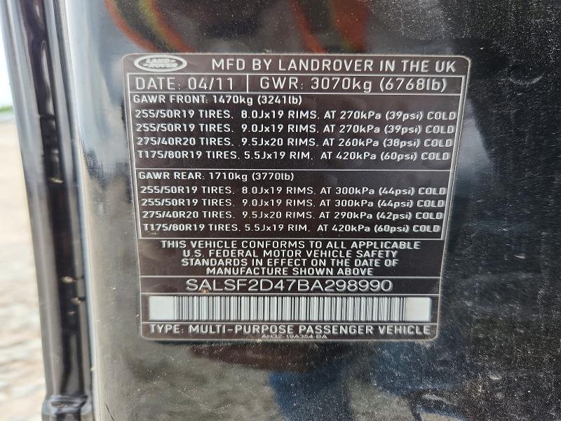 2011 Land Rover Range Rover Sport მანქანა იყიდება აუქციონზე, vin: SALSF2D47BA298990, აუქციონის ნომერი: 57602176