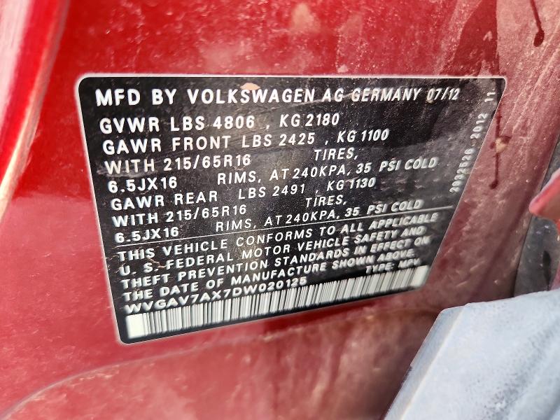 55815616 :رقم المزاد ، WVGAV7AX7DW020125 vin ، 2013 Volkswagen Tiguan مزاد بيع