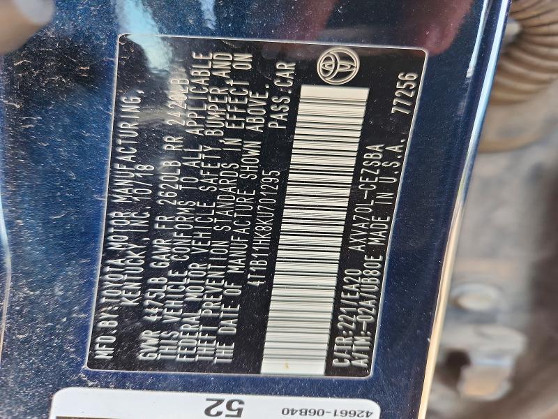 54632056 :رقم المزاد ، 4T1B11HK8KU701295 vin ، 2019 Toyota Camry مزاد بيع