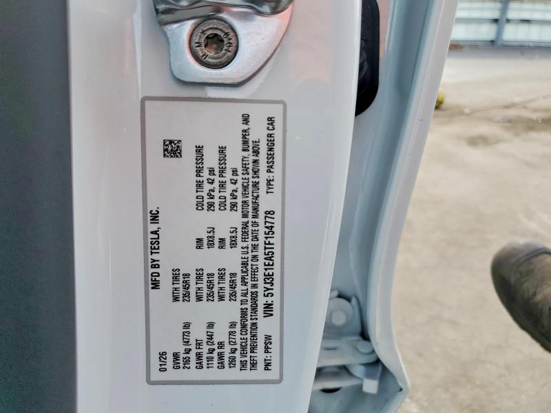 2026 Tesla Model 3 მანქანა იყიდება აუქციონზე, vin: 5YJ3E1EA5TF154778, აუქციონის ნომერი: 57584666