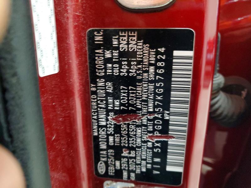 58574826 :رقم المزاد ، 5XYPGDA57KG576824 vin ، 2019 Kia Sorento مزاد بيع