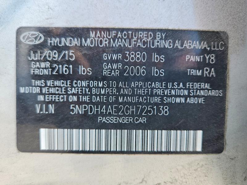 2016 Hyundai Elantra მანქანა იყიდება აუქციონზე, vin: 5NPDH4AE2GH725138, აუქციონის ნომერი: 58518936