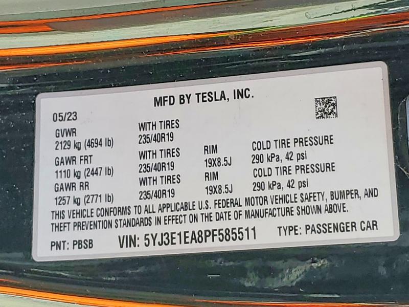 Продажа на аукционе авто 2023 Tesla Model 3, vin: 5YJ3E1EA8PF585511, номер лота: 57516966