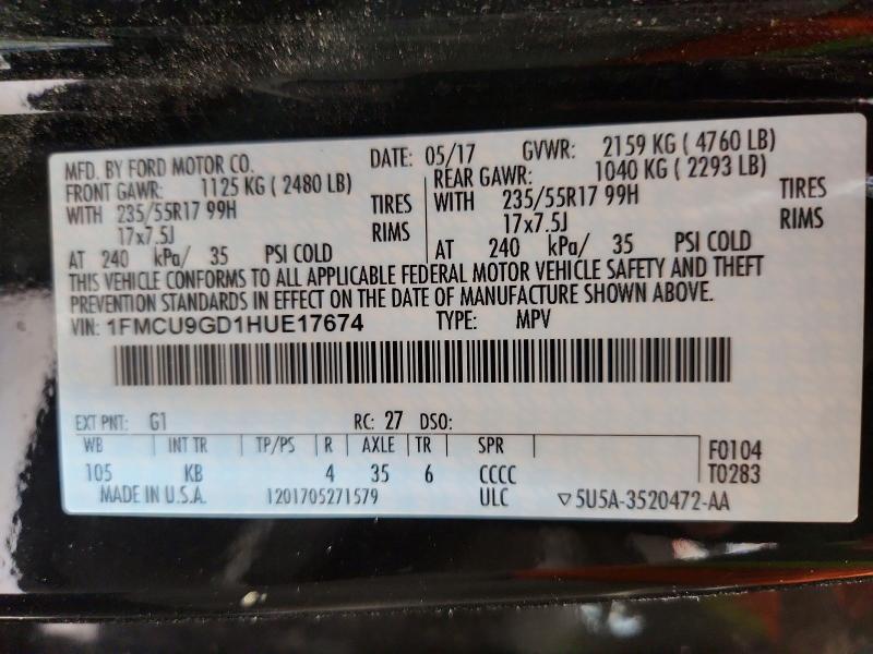 2017 Ford Escape მანქანა იყიდება აუქციონზე, vin: 1FMCU9GD1HUE17674, აუქციონის ნომერი: 58487956