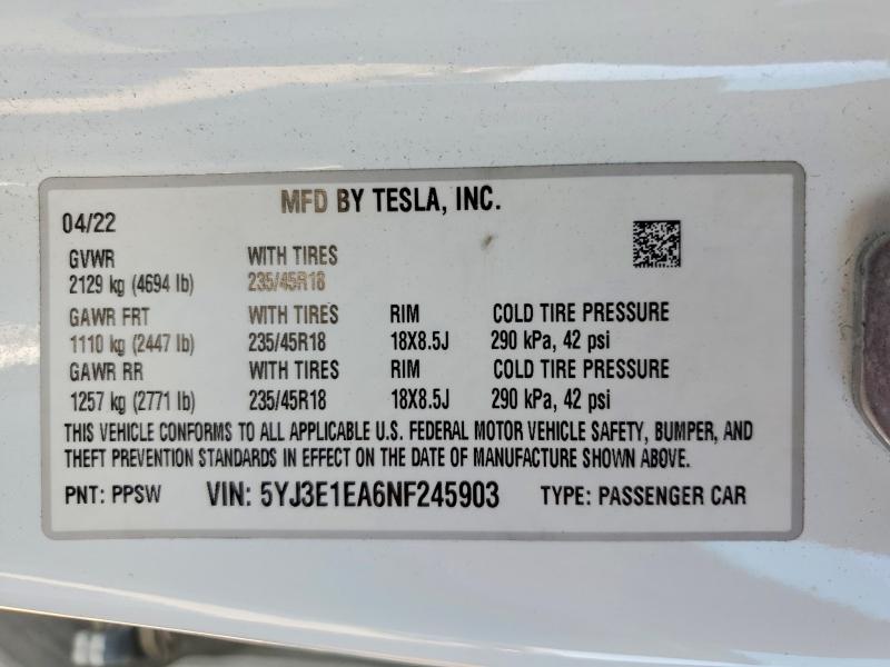 Aukcja sprzedaży 2022 Tesla Model 3, vin: 5YJ3E1EA6NF245903, numer aukcji: 56106696