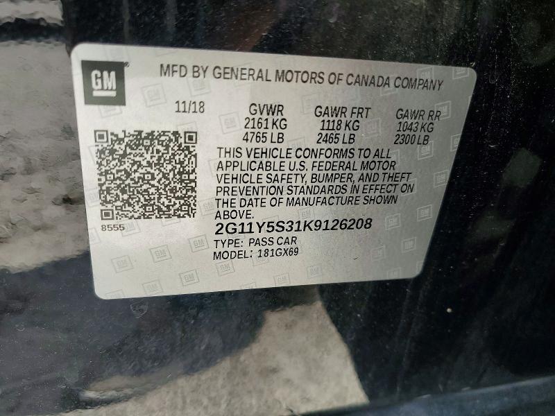 2019 Chevrolet Impala მანქანა იყიდება აუქციონზე, vin: 2G11Y5S31K9126208, აუქციონის ნომერი: 59191666