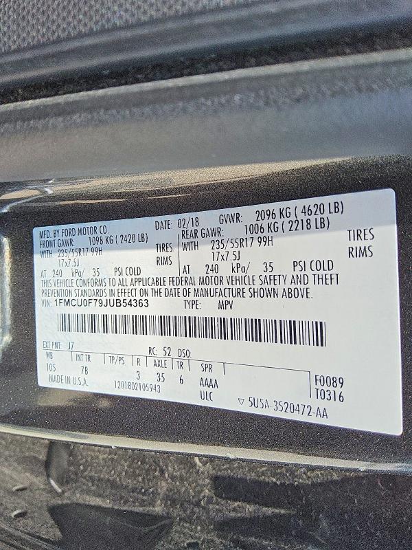 2018 Ford Escape მანქანა იყიდება აუქციონზე, vin: 1FMCU0F79JUB54363, აუქციონის ნომერი: 58209186