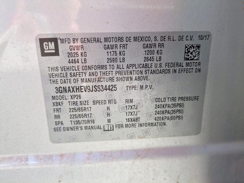 Aukcja sprzedaży 2018 Chevrolet Equinox, vin: 3GNAXHEV9JS534425, numer aukcji: 55753726
