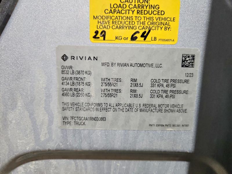2024 Rivian R1t მანქანა იყიდება აუქციონზე, vin: 7FCTGCAA1RN030863, აუქციონის ნომერი: 56941536