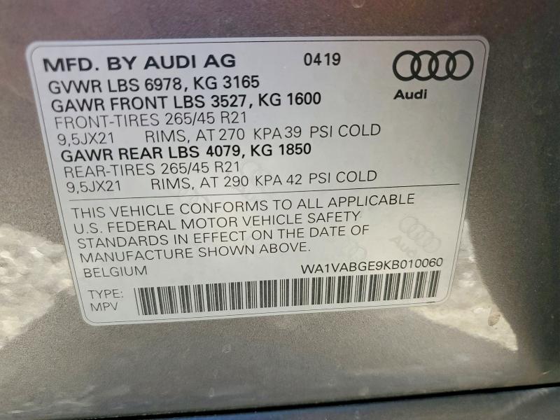Aukcja sprzedaży 2019 Audi E-tron, vin: WA1VABGE9KB010060, numer aukcji: 55500606