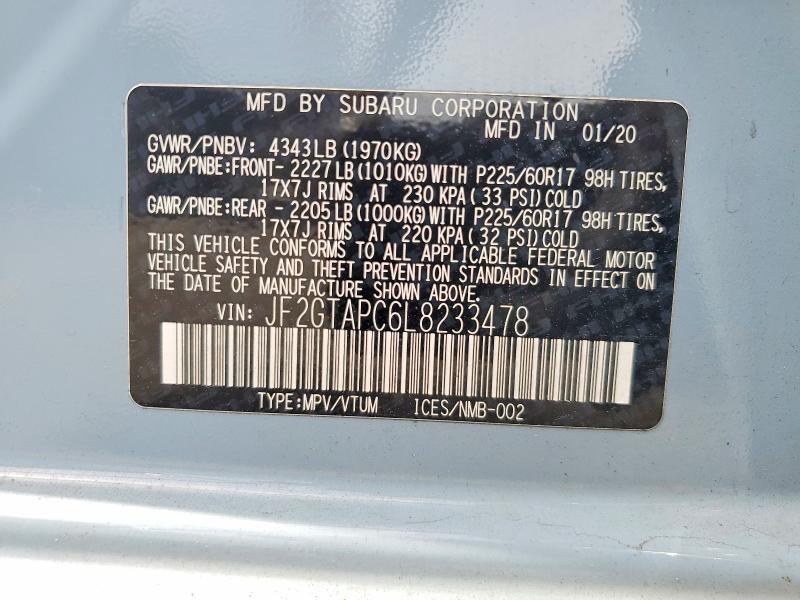 57909606 :رقم المزاد ، JF2GTAPC6L8233478 vin ، 2020 Subaru Crosstrek مزاد بيع