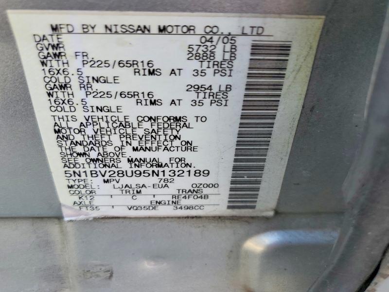 2005 Nissan Quest მანქანა იყიდება აუქციონზე, vin: 5N1BV28U95N132189, აუქციონის ნომერი: 56828716