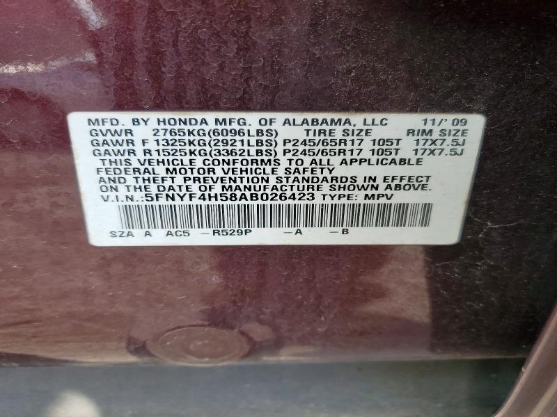Продажа на аукционе авто 2010 Honda Pilot, vin: 5FNYF4H58AB026423, номер лота: 58613286