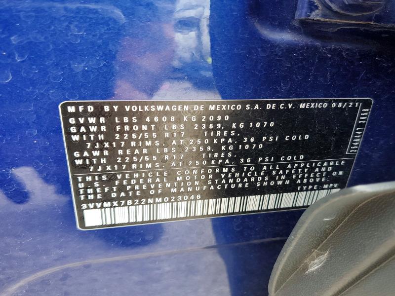 58779826 :رقم المزاد ، 3VVMX7B22NM023046 vin ، 2022 Volkswagen Taos مزاد بيع