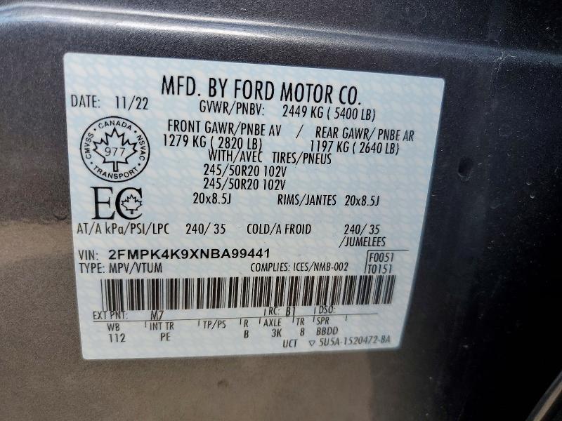 57683626 :رقم المزاد ، 2FMPK4K9XNBA99441 vin ، 2022 Ford Edge مزاد بيع