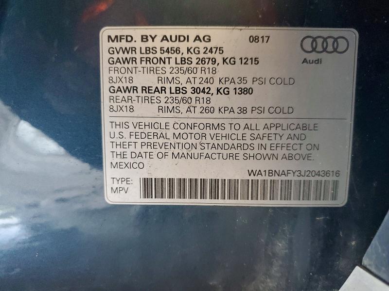 57654586 :رقم المزاد ، WA1BNAFY3J2043616 vin ، 2018 Audi Q5 مزاد بيع