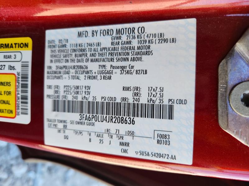 Продажа на аукционе авто 2018 Ford Fusion, vin: 3FA6P0LU4JR208636, номер лота: 58195046