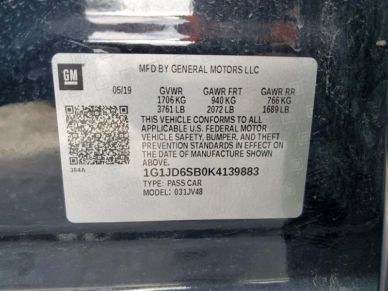 57647796 :رقم المزاد ، 1G1JD6SB0K4139883 vin ، 2019 Chevrolet Sonic مزاد بيع