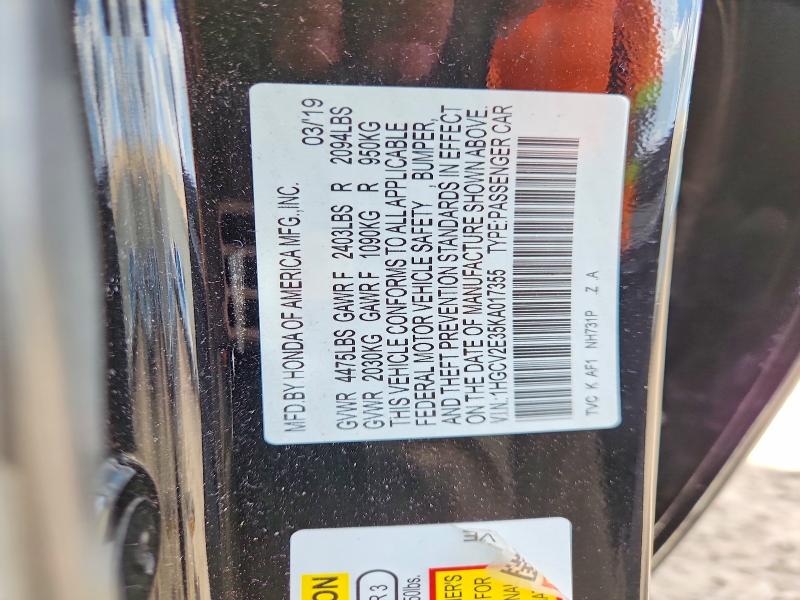 55521786 :رقم المزاد ، 1HGCV2E35KA017355 vin ، 2019 Honda Accord مزاد بيع