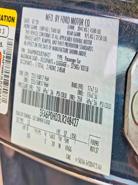 Aukcja sprzedaży 2020 Ford Fusion, vin: 3FA6P0HD3LR248427, numer aukcji: 54999136