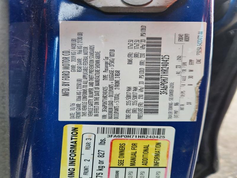 Продаж на аукціоні авто 2017 Ford Fusion, vin: 3FA6P0H71HR240425, номер лоту: 57919676