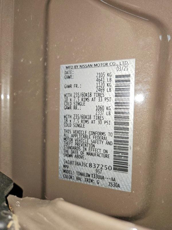 57900916 :رقم المزاد ، 5N1BT3BA3SC837250 vin ، 2025 Nissan Rogue مزاد بيع
