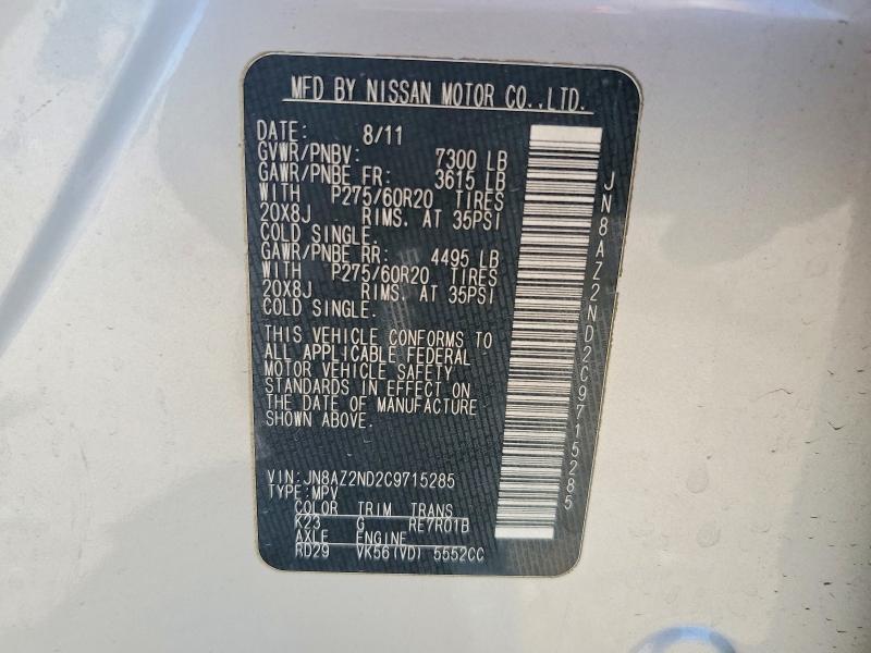 58096796 :رقم المزاد ، JN8AZ2ND2C9715285 vin ، 2012 Infiniti Qx56 مزاد بيع