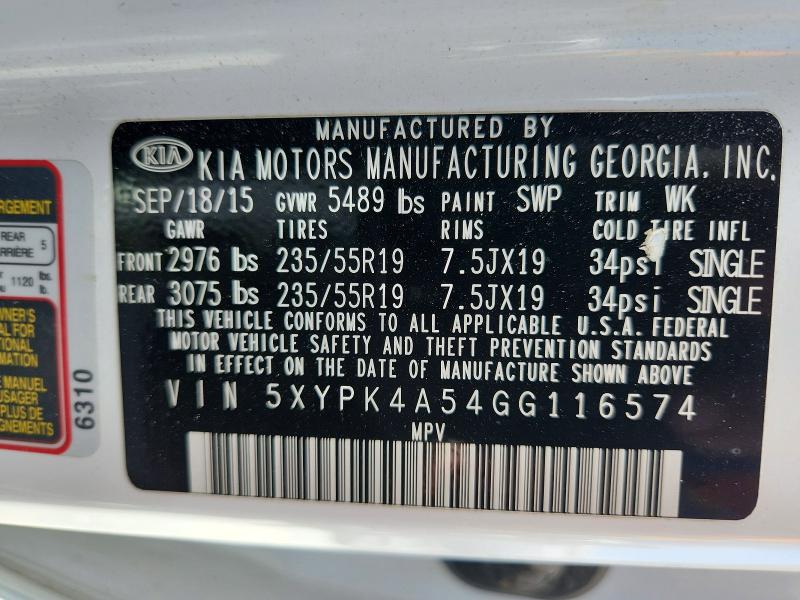 Aukcja sprzedaży 2016 Kia Sorento, vin: 5XYPK4A54GG116574, numer aukcji: 58334046
