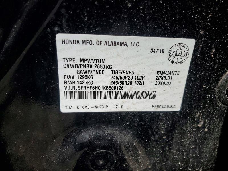 58482906 :رقم المزاد ، 5FNYF6H01KB506126 vin ، 2019 Honda Pilot مزاد بيع