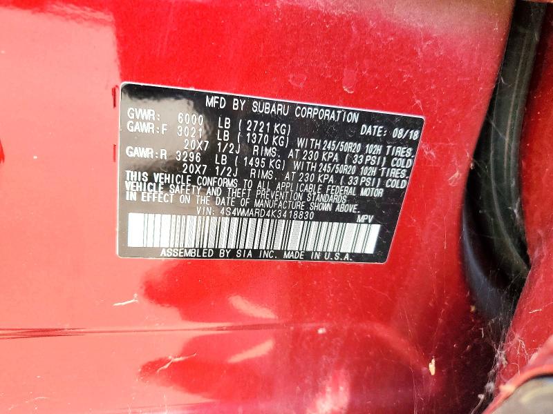 58357966 :رقم المزاد ، 4S4WMARD4K3418830 vin ، 2019 Subaru Ascent مزاد بيع