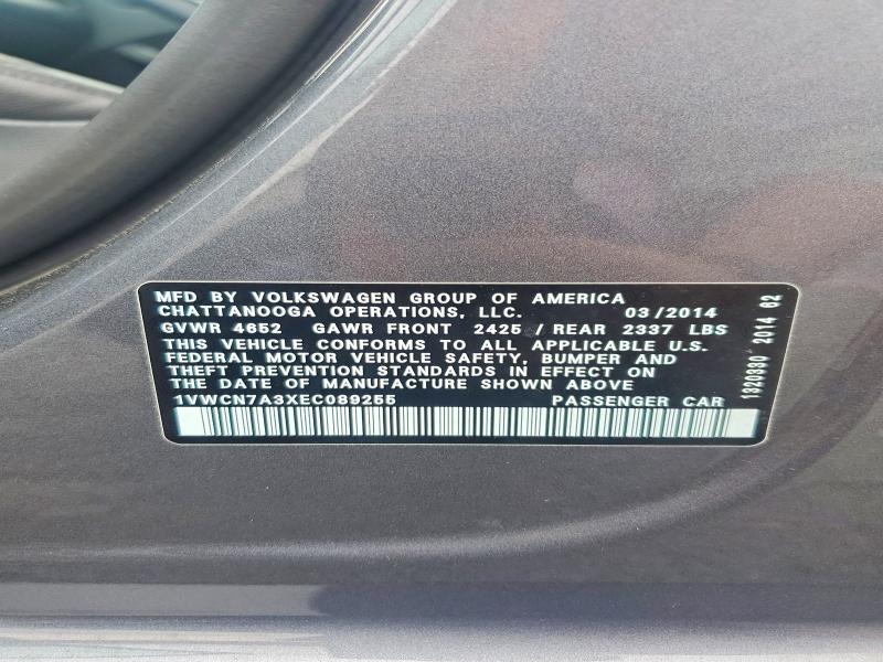 Продаж на аукціоні авто 2014 Volkswagen Passat, vin: 1VWCN7A3XEC089255, номер лоту: 58048136