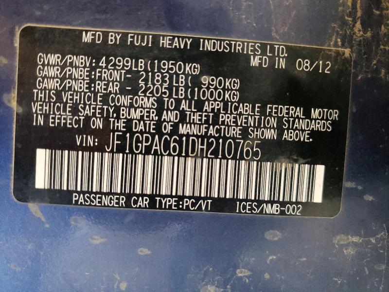 Auction sale of the 2013 Subaru Impreza 2.0 I Awd, vin: JF1GPAC61DH210765, lot number: 58495516