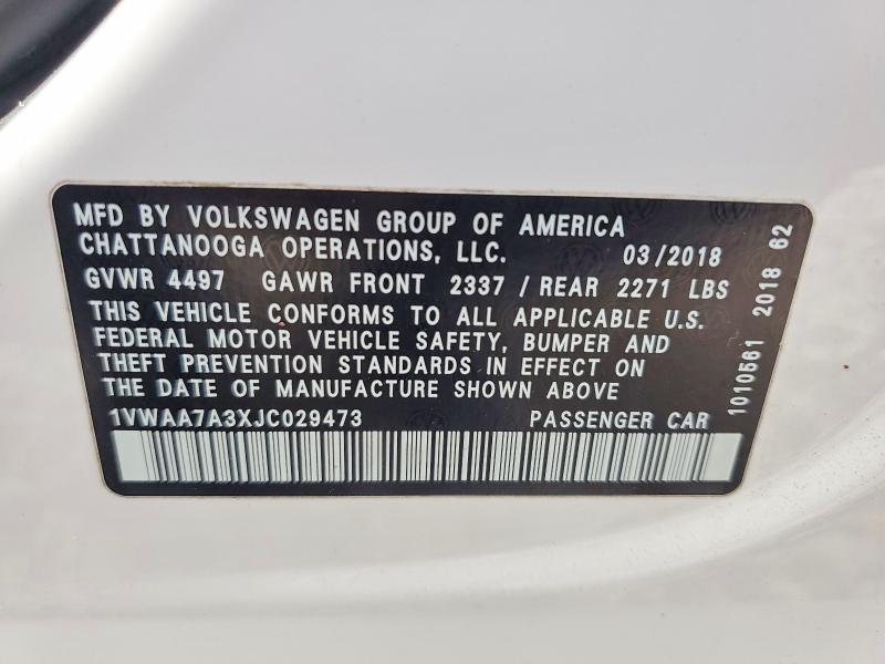 2018 Volkswagen Passat მანქანა იყიდება აუქციონზე, vin: 1VWAA7A3XJC029473, აუქციონის ნომერი: 55789326