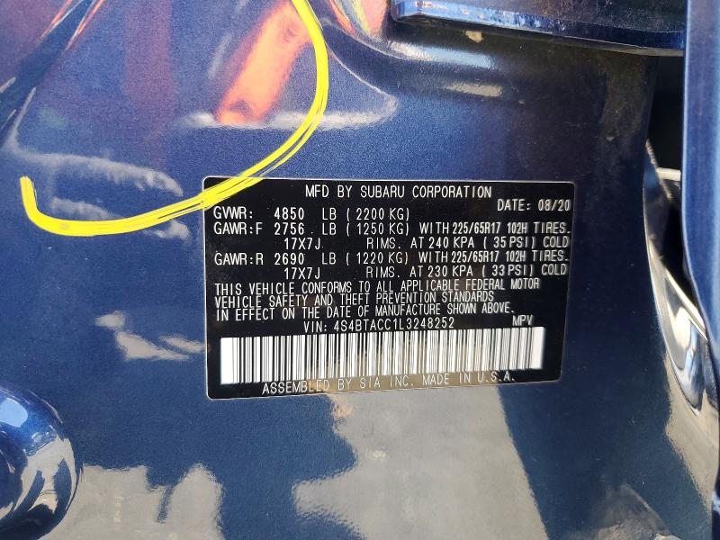 58915276 :رقم المزاد ، 4S4BTACC1L3248252 vin ، 2020 Subaru Outback مزاد بيع