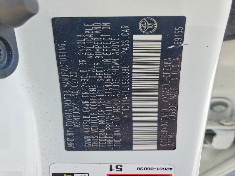 Продажа на аукционе авто 2020 Toyota Camry, vin: 4T1C11AK1LU938386, номер лота: 56399676