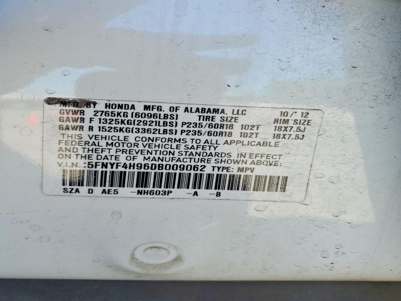 Продаж на аукціоні авто 2013 Honda Pilot, vin: 5FNYF4H96DB009062, номер лоту: 58088036