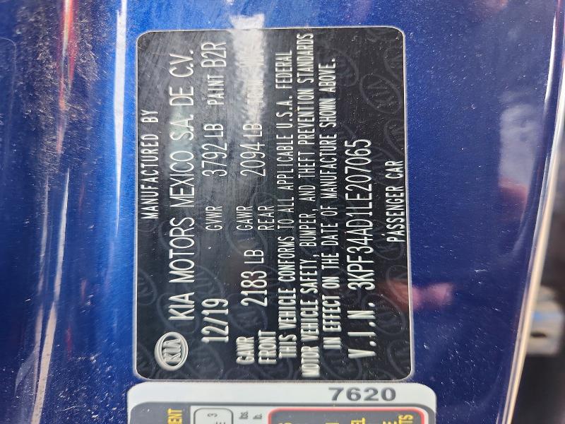 2020 Kia Forte მანქანა იყიდება აუქციონზე, vin: 3KPF34AD1LE207065, აუქციონის ნომერი: 59070626