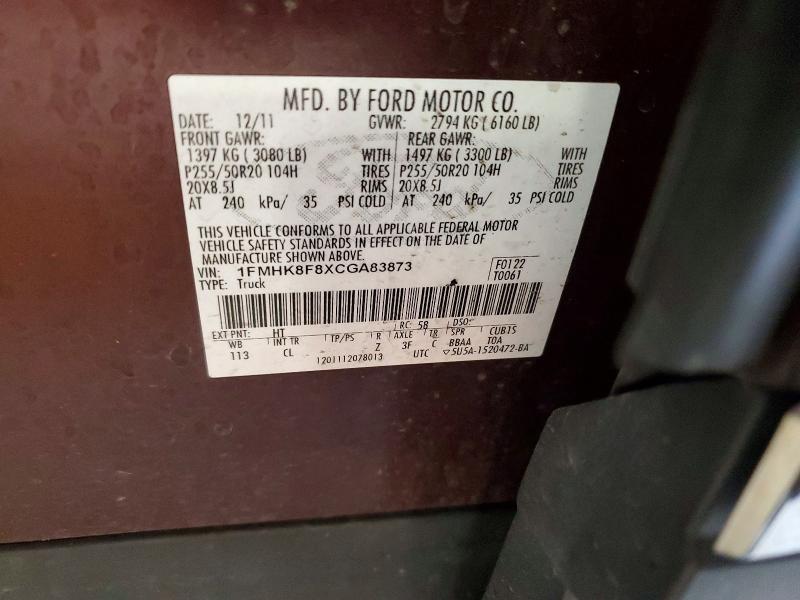 57598096 :رقم المزاد ، 1FMHK8F8XCGA83873 vin ، 2012 Ford Explorer مزاد بيع