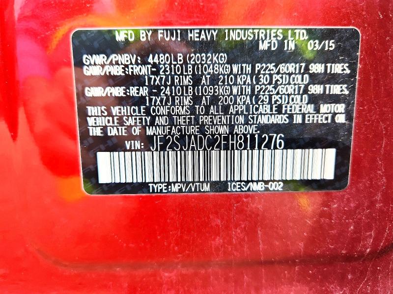 Продаж на аукціоні авто 2015 Subaru Forester, vin: JF2SJADC2FH811276, номер лоту: 55185446