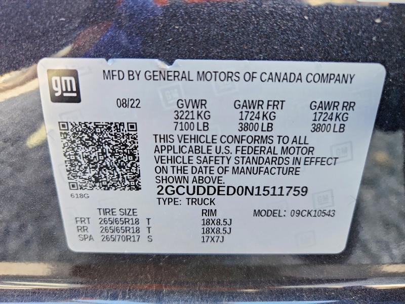 Aukcja sprzedaży 2022 Chevrolet Silverado, vin: 2GCUDDED0N1511759, numer aukcji: 55378766