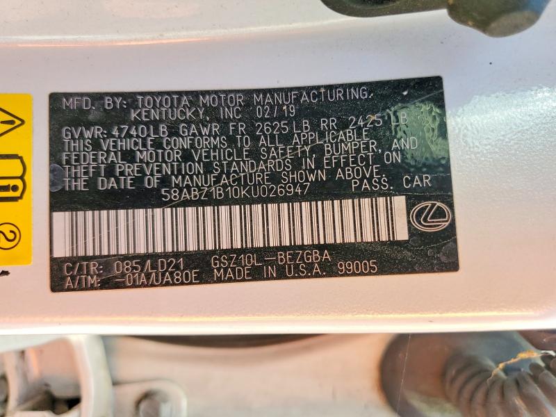2019 Lexus Es მანქანა იყიდება აუქციონზე, vin: 58ABZ1B10KU026947, აუქციონის ნომერი: 57362166
